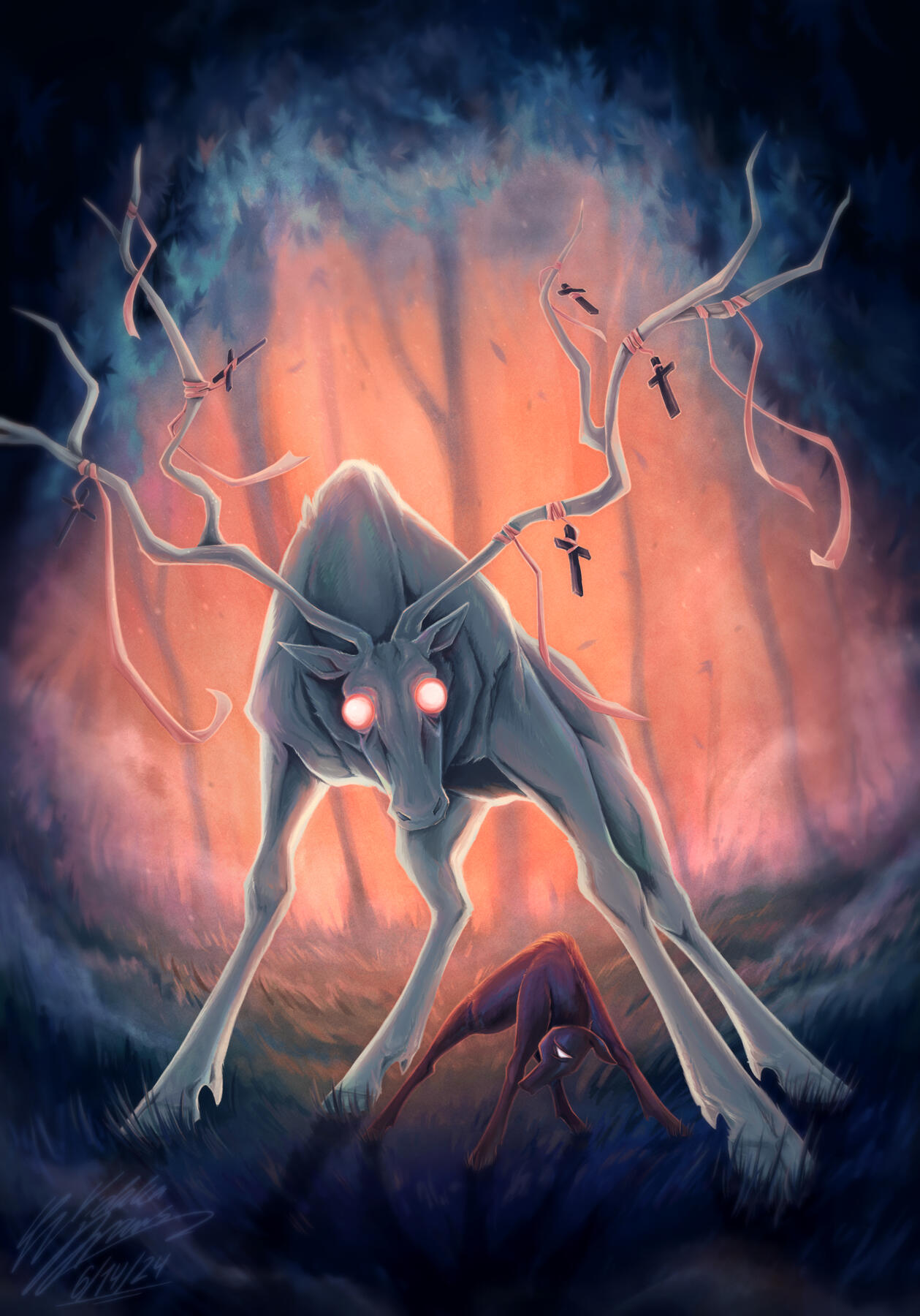 Horror-like scene with a dominant monster